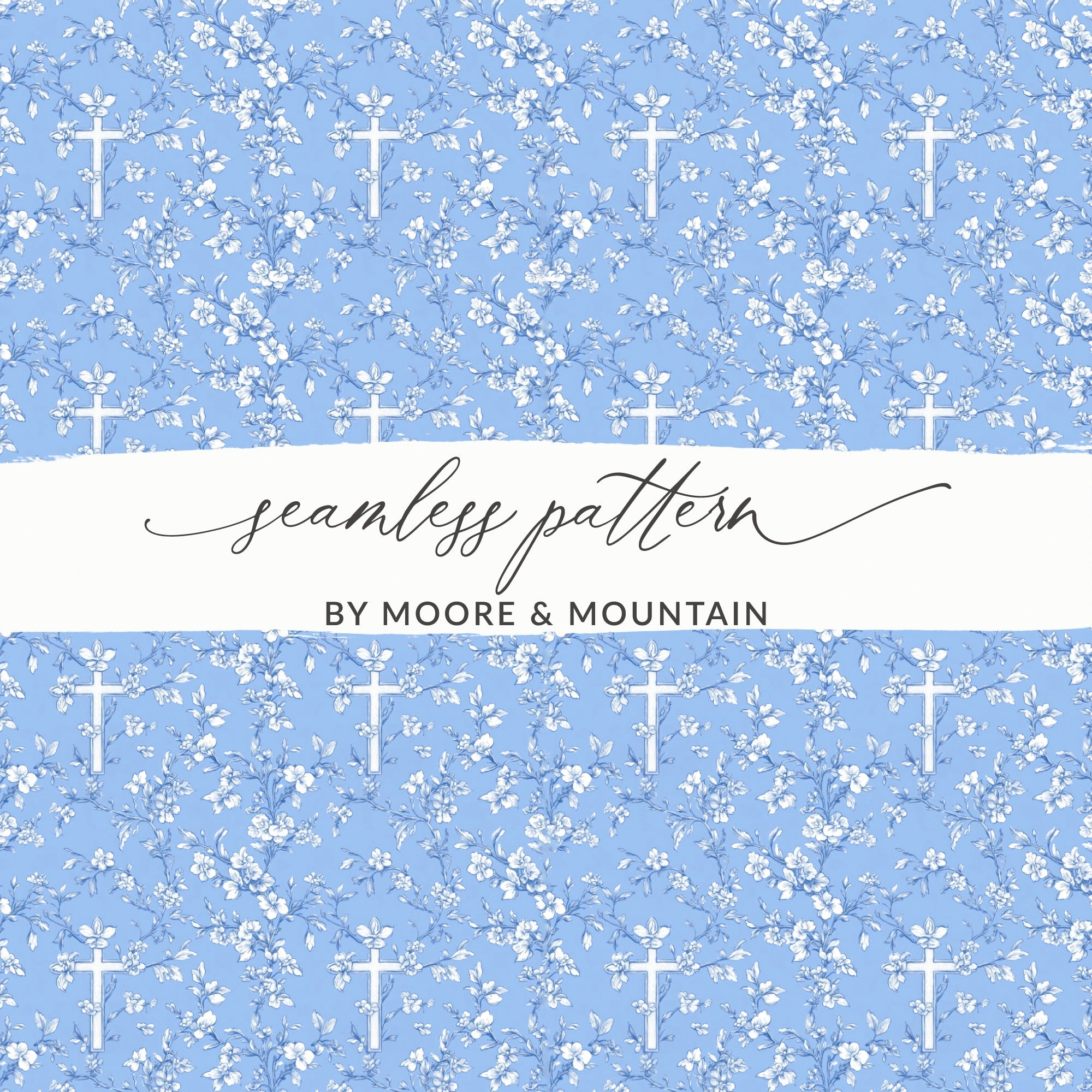 Blue Floral Cross Pattern, Seamless Design, Digital Download, Repeating Pattern, Religious Print, Flower Pattern, Christian Graphic - Moore and Mountain