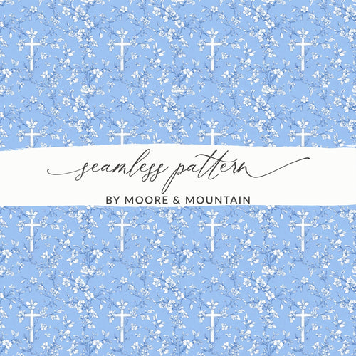 Blue Floral Cross Pattern, Seamless Design, Digital Download, Repeating Pattern, Religious Print, Flower Pattern, Christian Graphic - Moore and Mountain