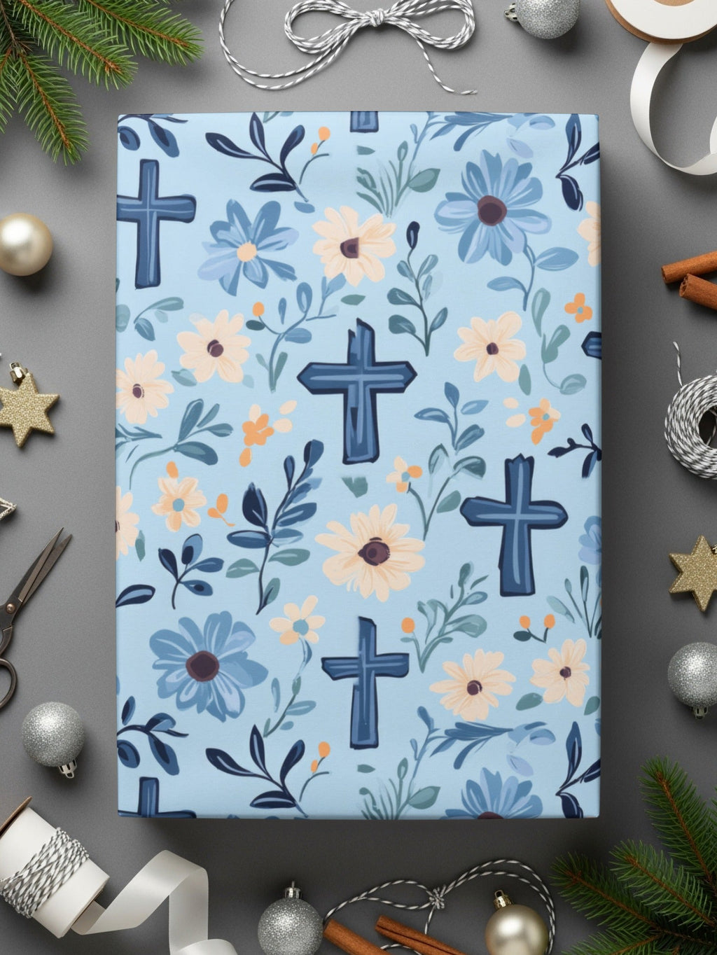 Blue Floral Cross Seamless Pattern, Digital Paper Download, Christian Fabric Design, Church Graphics, Religious Art Digital - Moore and Mountain
