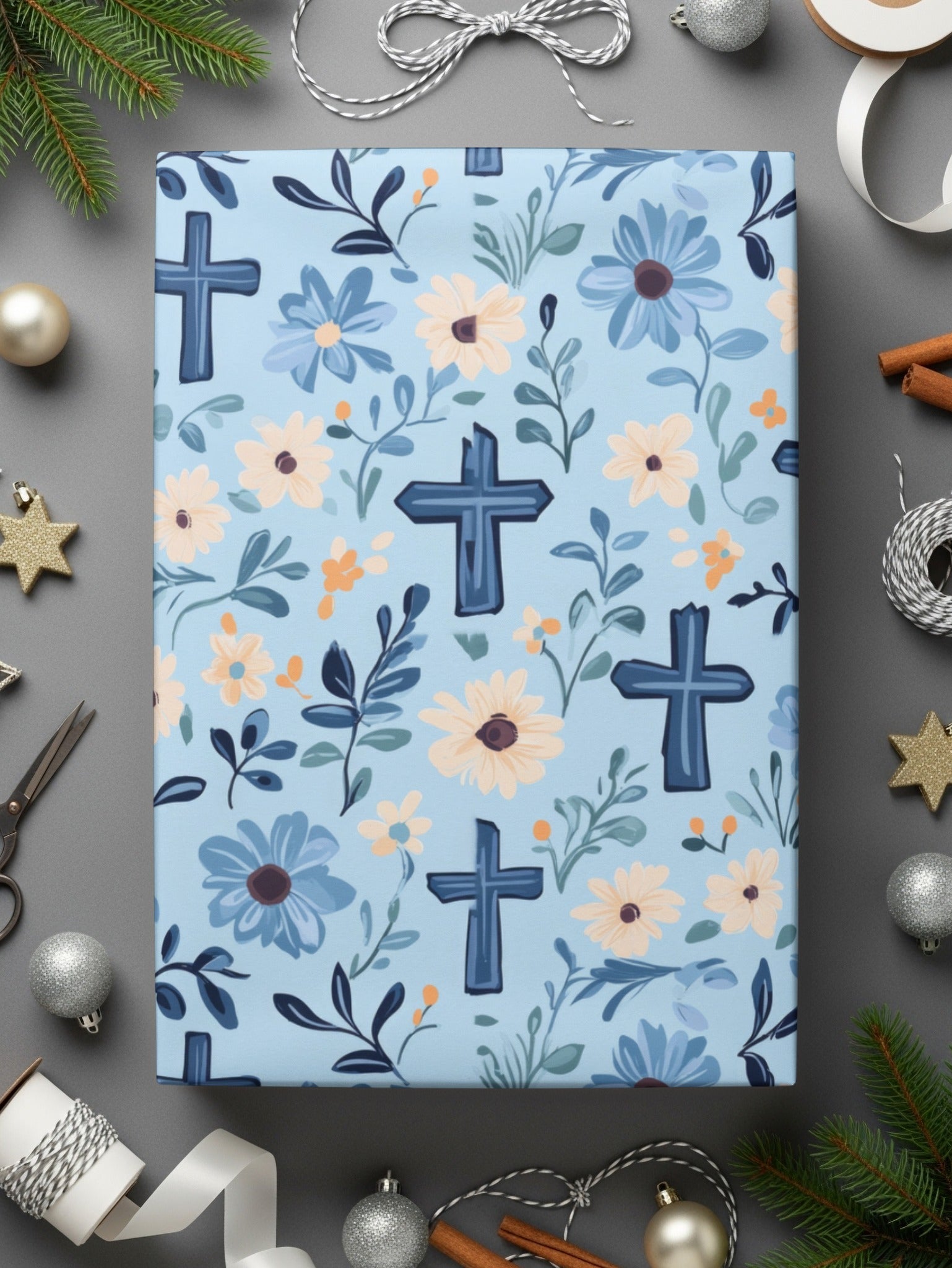 Blue Floral Cross Seamless Pattern, Digital Paper Download, Christian Fabric Design, Church Graphics, Religious Art Digital - Moore and Mountain