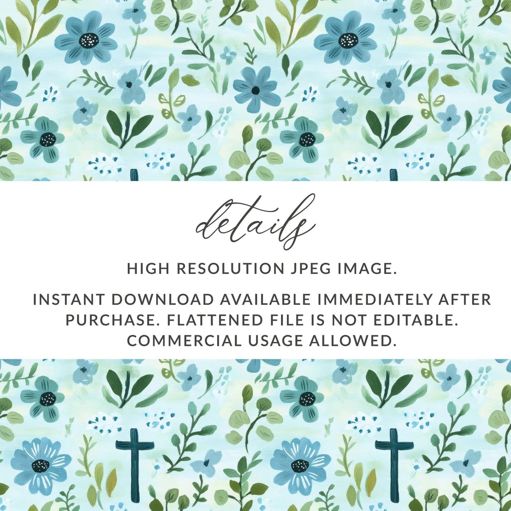 Blue Floral Cross Seamless Pattern, Digital Paper Pack, Watercolor Flower Design, Religious Fabric Print, Commercial Use, 12x12 JPEG - Moore and Mountain