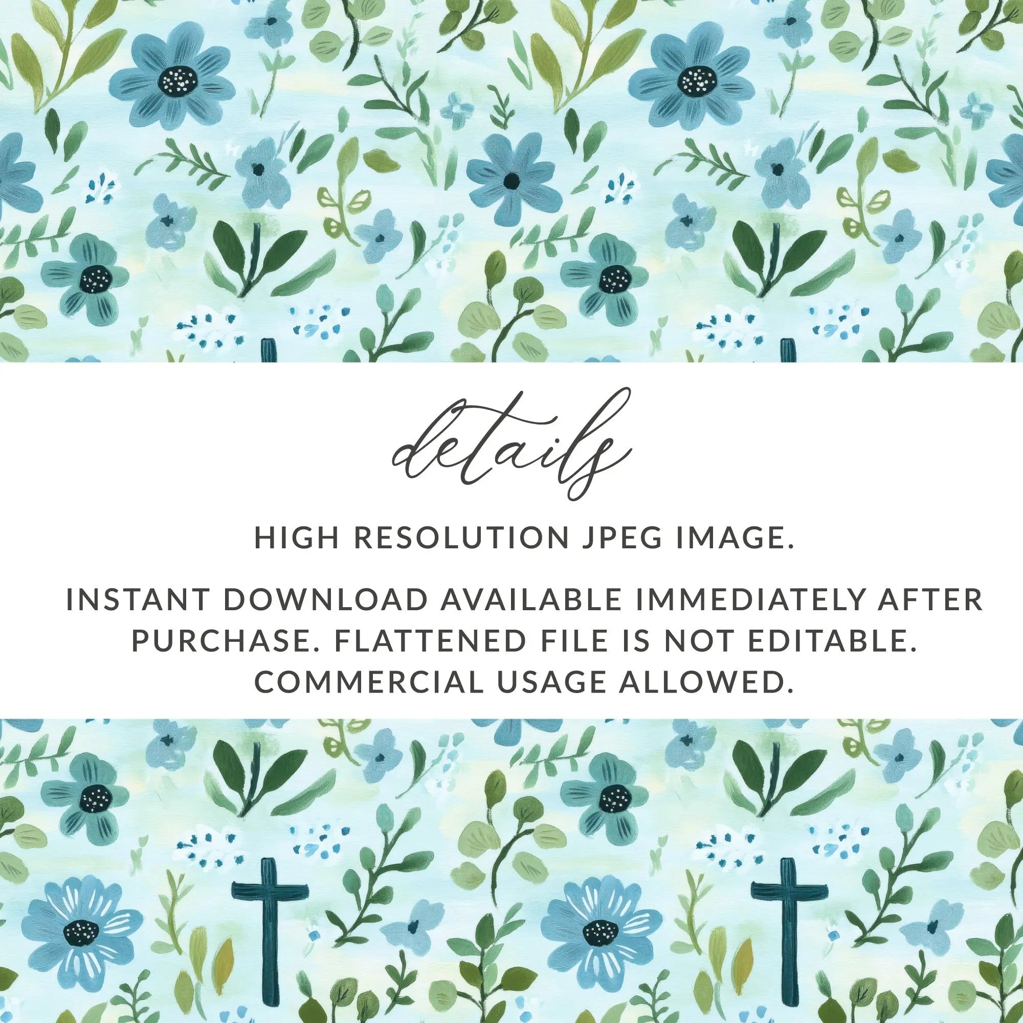 Blue Floral Cross Seamless Pattern, Digital Paper Pack, Watercolor Flower Design, Religious Fabric Print, Commercial Use, 12x12 JPEG - Moore and Mountain
