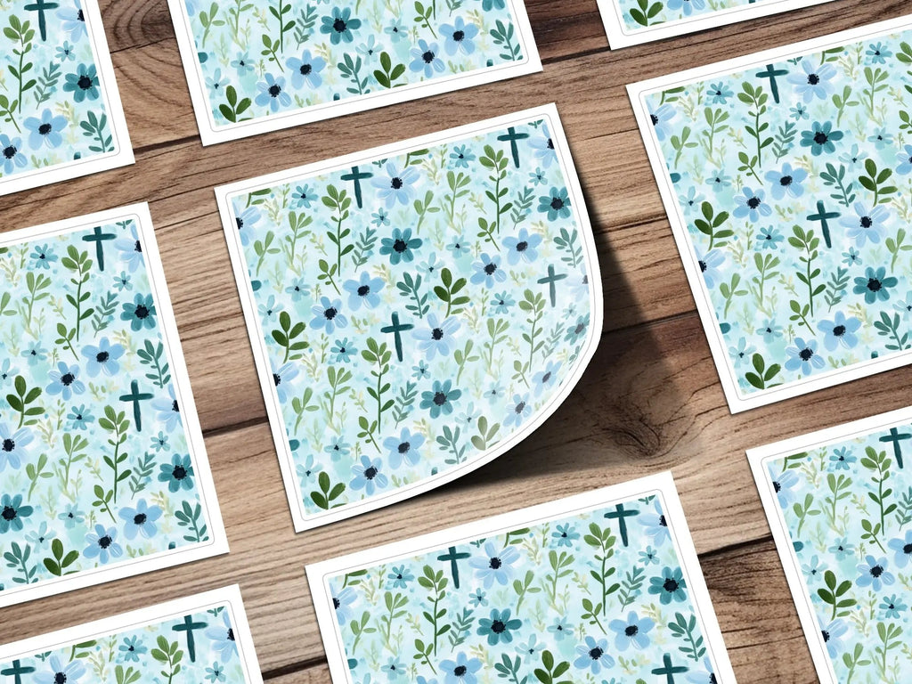 Blue Floral Cross Seamless Pattern Digital Paper, Watercolor Flowers Digital Download, Religious Fabric Print, Floral Print Design - Moore and Mountain