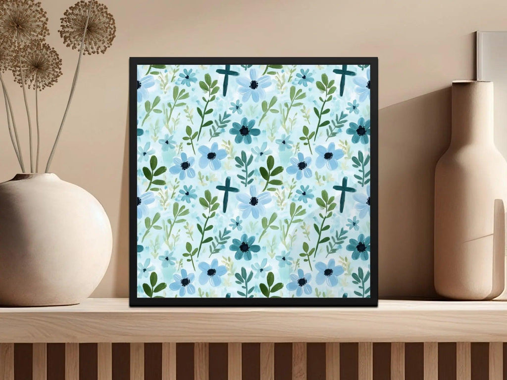 Blue Floral Cross Seamless Pattern Digital Paper, Watercolor Flowers Digital Download, Religious Fabric Print, Floral Print Design - Moore and Mountain