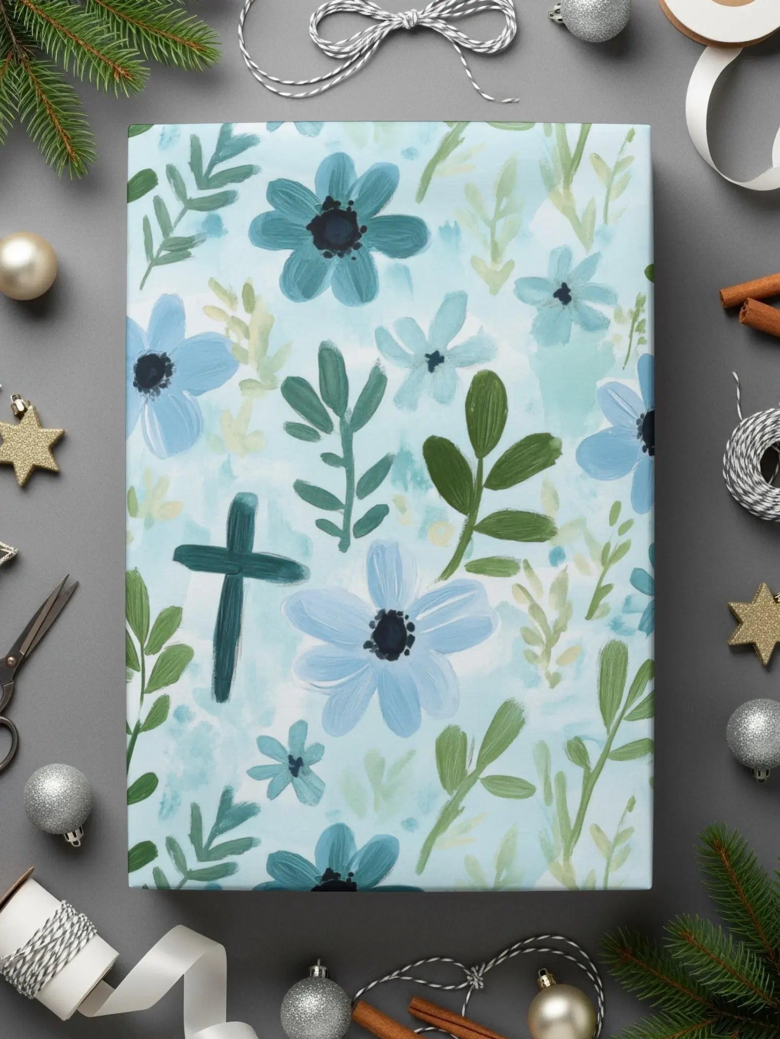 Blue Floral Cross Seamless Pattern Digital Paper, Watercolor Flowers Digital Download, Religious Fabric Print, Floral Print Design - Moore and Mountain