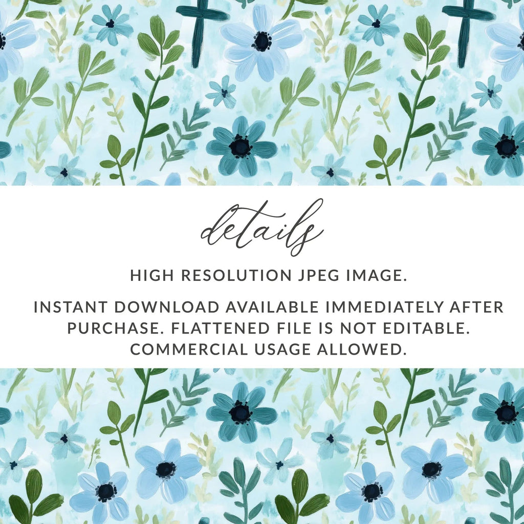 Blue Floral Cross Seamless Pattern Digital Paper, Watercolor Flowers Digital Download, Religious Fabric Print, Floral Print Design - Moore and Mountain