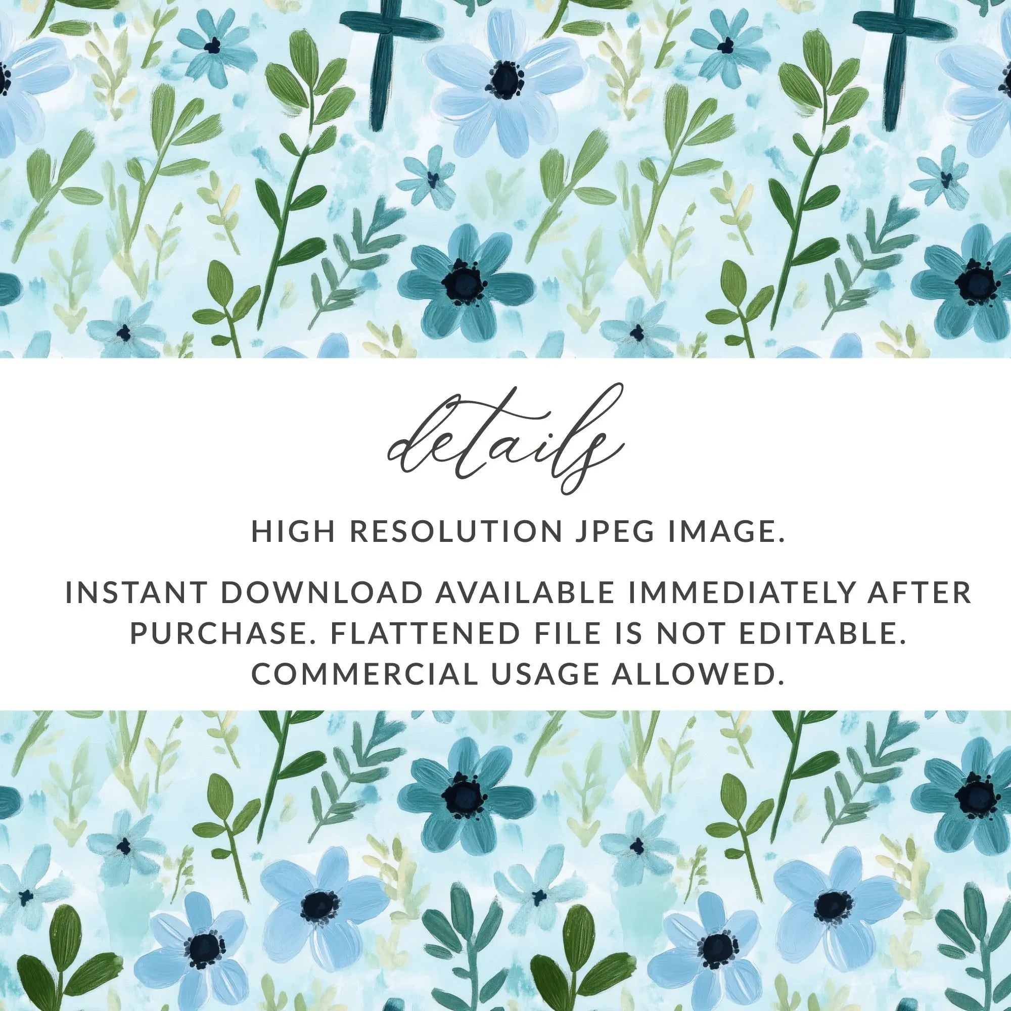 Blue Floral Cross Seamless Pattern Digital Paper, Watercolor Flowers Digital Download, Religious Fabric Print, Floral Print Design - Moore and Mountain