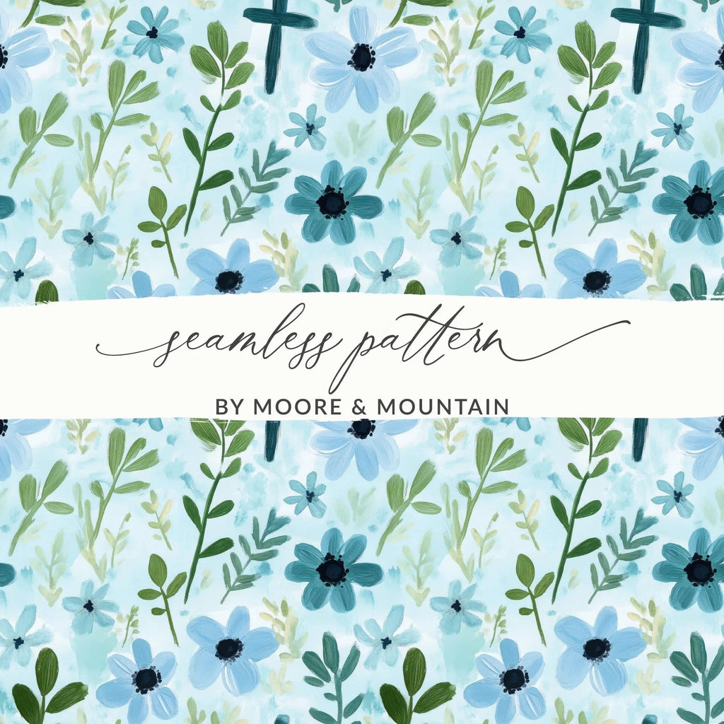 Blue Floral Cross Seamless Pattern Digital Paper, Watercolor Flowers Digital Download, Religious Fabric Print, Floral Print Design - Moore and Mountain