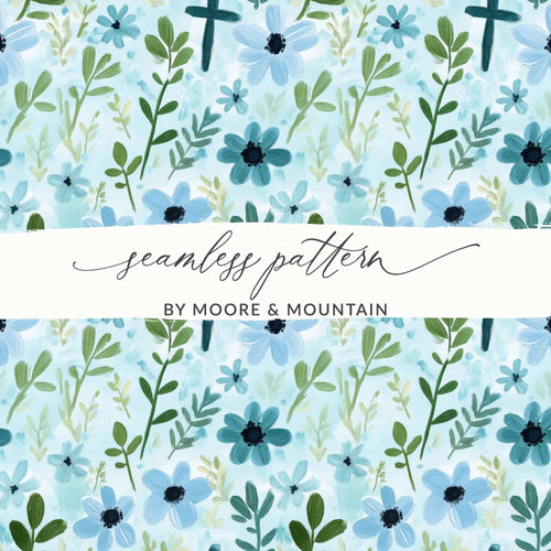 Blue Floral Cross Seamless Pattern Digital Paper, Watercolor Flowers Digital Download, Religious Fabric Print, Floral Print Design - Moore and Mountain