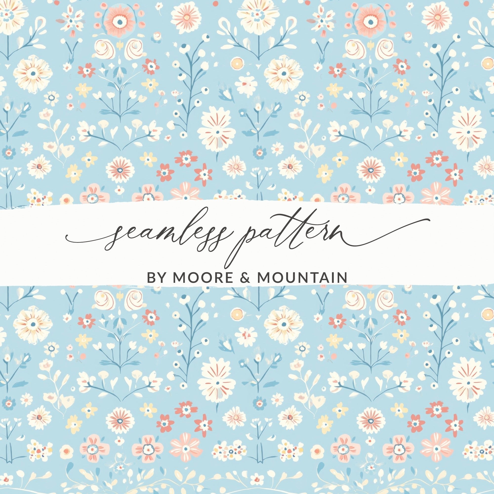 Blue Floral Digital Paper, Pastel Flower Pattern, Seamless Design, Spring Botanical Print, Cute Girly Background, Scrapbook Paper, Fabric - Moore and Mountain