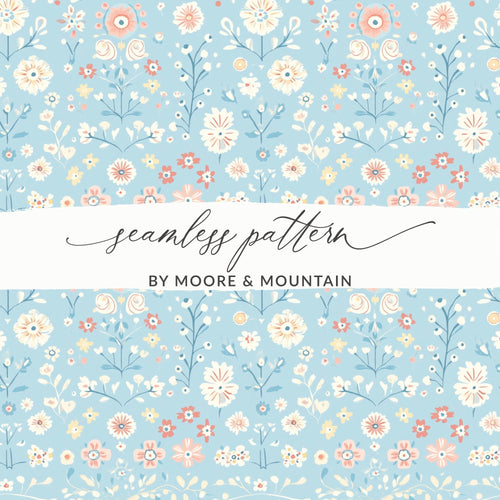 Blue Floral Digital Paper, Pastel Flower Pattern, Seamless Design, Spring Botanical Print, Cute Girly Background, Scrapbook Paper, Fabric - Moore and Mountain