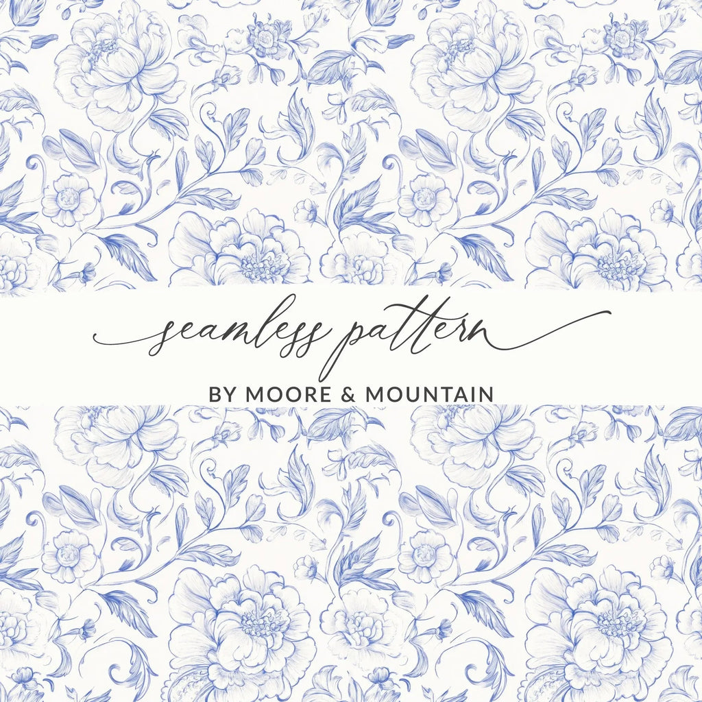 Blue Floral Digital Paper, Peony Flower Seamless Pattern, Repeating Background for Fabric, Digital Scrapbooking, Printable Design - Moore and Mountain