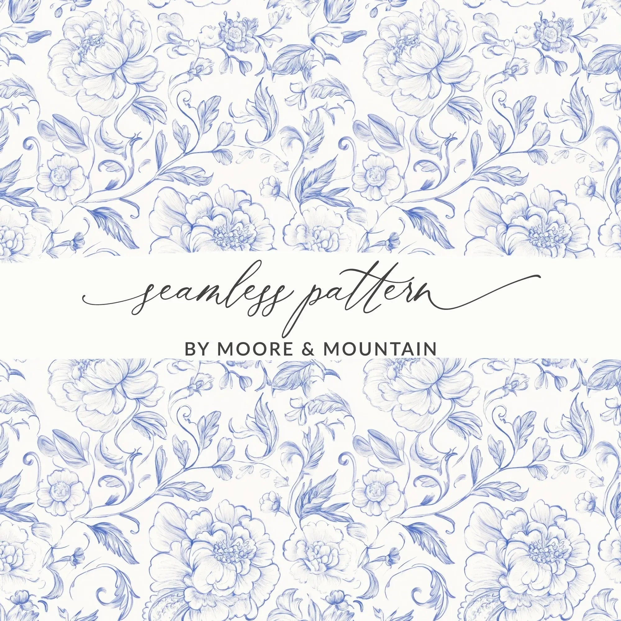 Blue Floral Digital Paper, Peony Flower Seamless Pattern, Repeating Background for Fabric, Digital Scrapbooking, Printable Design - Moore and Mountain