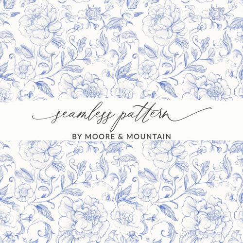 Blue Floral Digital Paper, Peony Flower Seamless Pattern, Repeating Background for Fabric, Digital Scrapbooking, Printable Design - Moore and Mountain