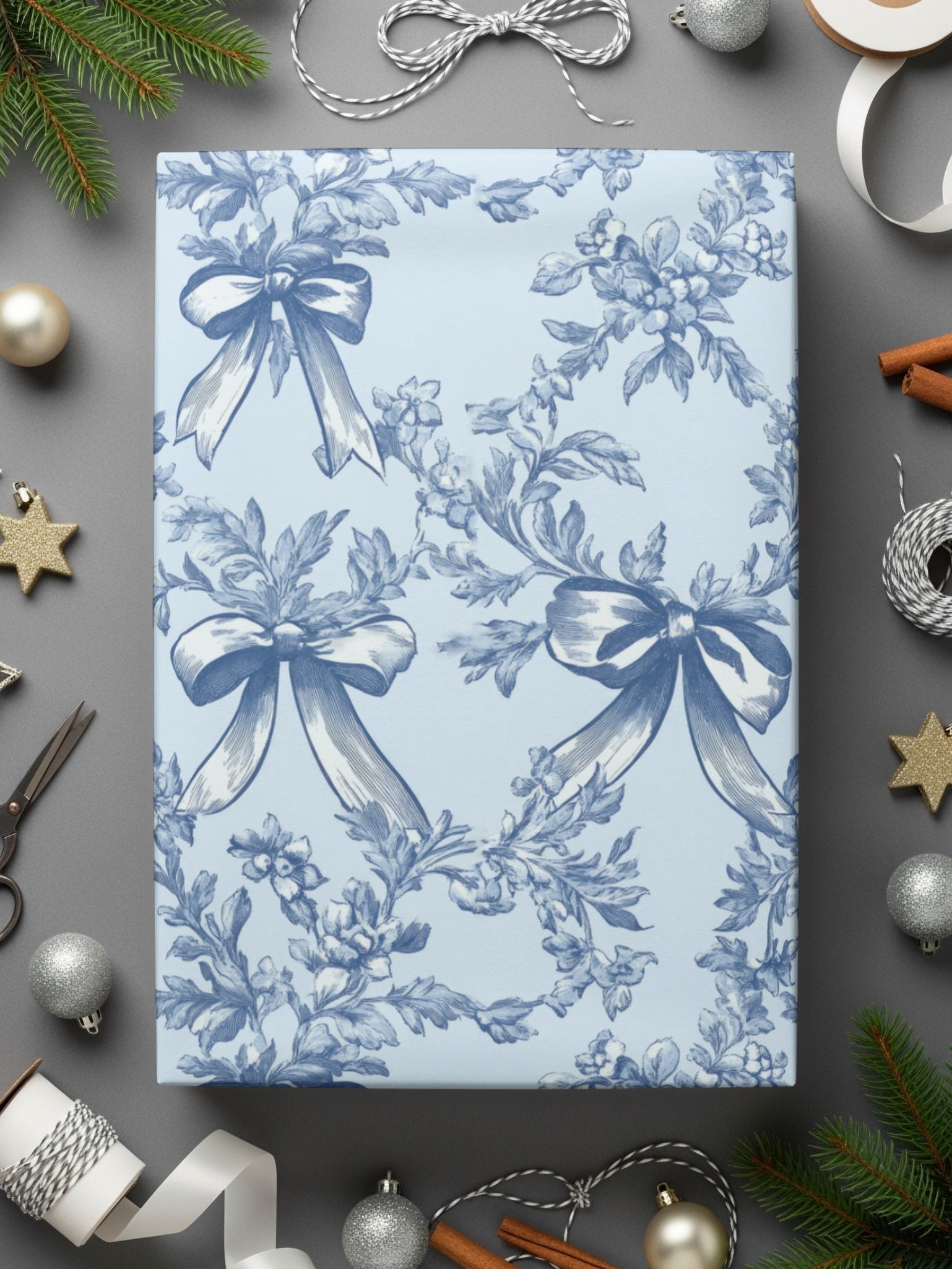 Blue Floral Digital Paper, Seamless Bow Pattern, Vintage Style Scrapbook Paper, Light Blue Fabric Print, Invitation Background - Moore and Mountain