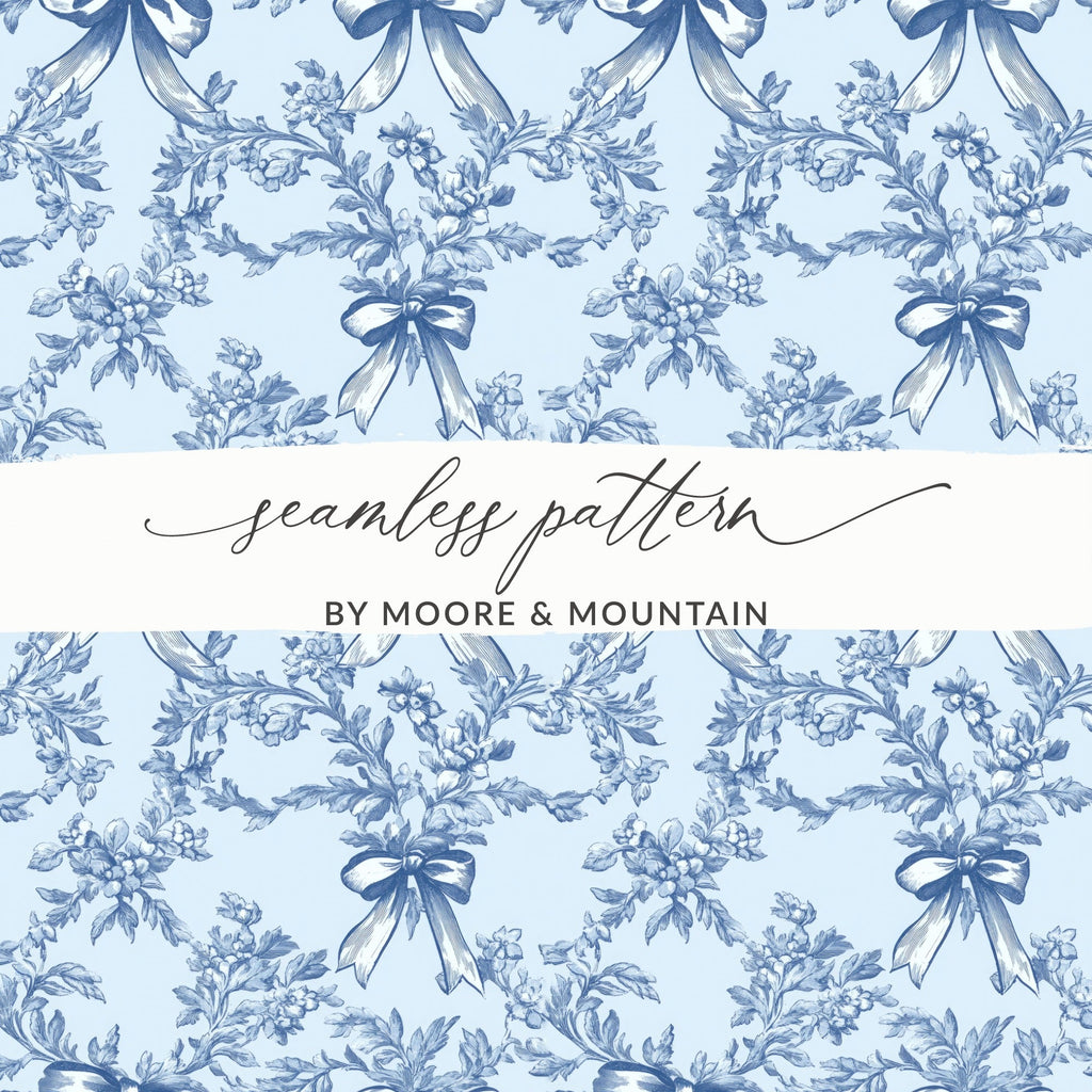 Blue Floral Digital Paper, Seamless Bow Pattern, Vintage Style Scrapbook Paper, Light Blue Fabric Print, Invitation Background - Moore and Mountain