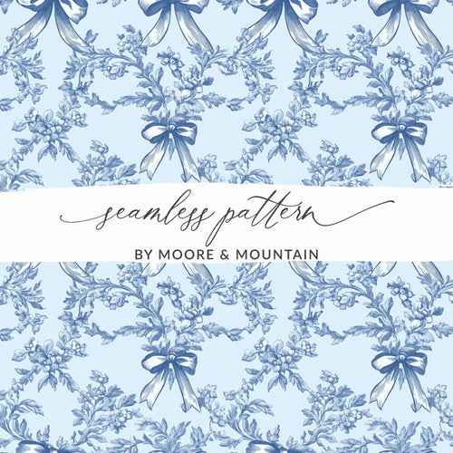 Blue Floral Digital Paper, Seamless Bow Pattern, Vintage Style Scrapbook Paper, Light Blue Fabric Print, Invitation Background - Moore and Mountain