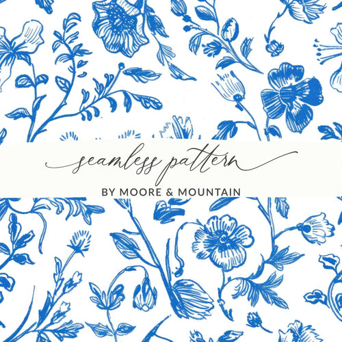 Blue Floral Digital Paper, Seamless Flower Pattern, Chintz Style Fabric Design, Printable Background for Crafts, Scrapbooking Digital - Moore and Mountain