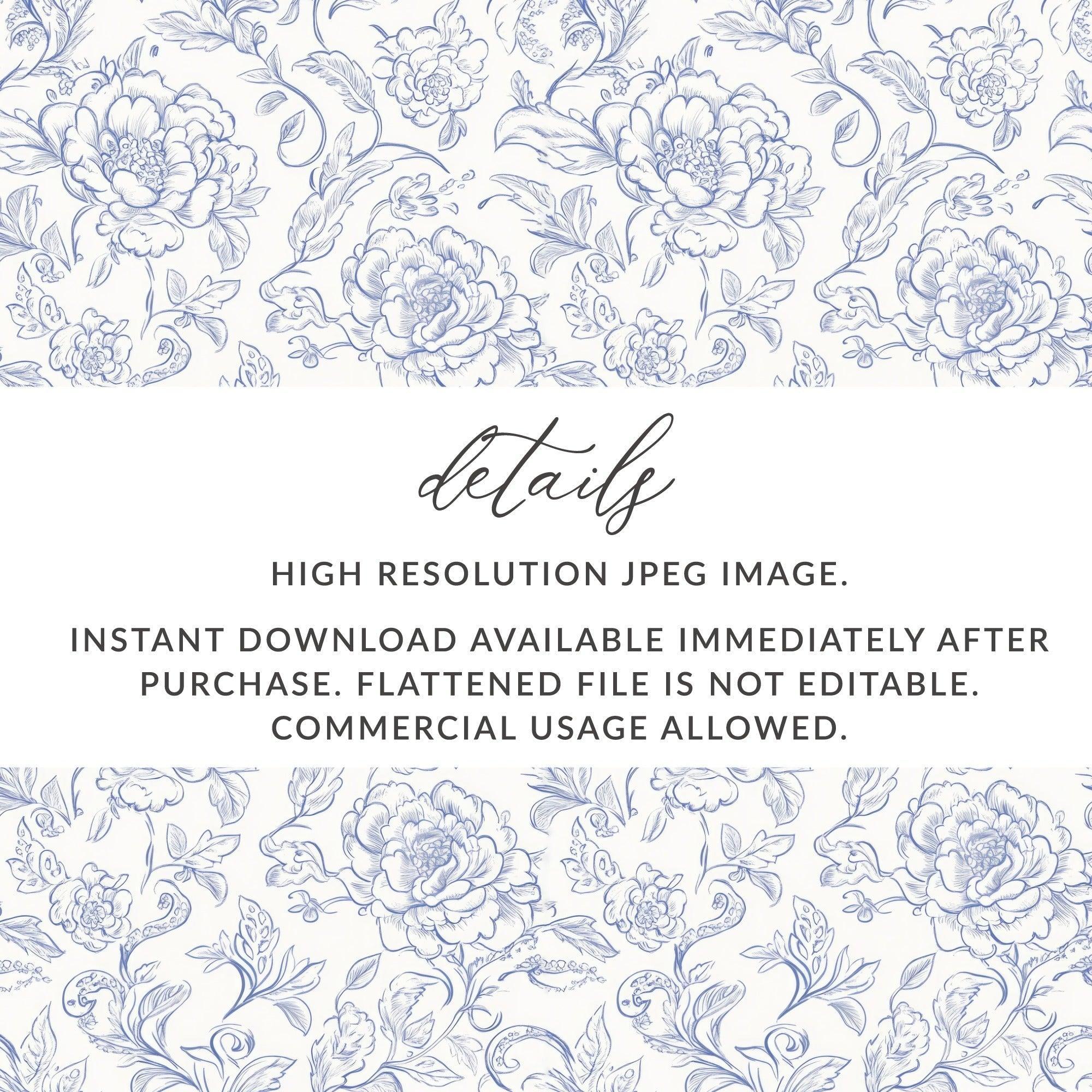 Blue Floral Digital Paper, Seamless Flower Pattern, Elegant Botanical Design, Scrapbook Paper, Printable Fabric Design, Repeat Pattern - Moore and Mountain