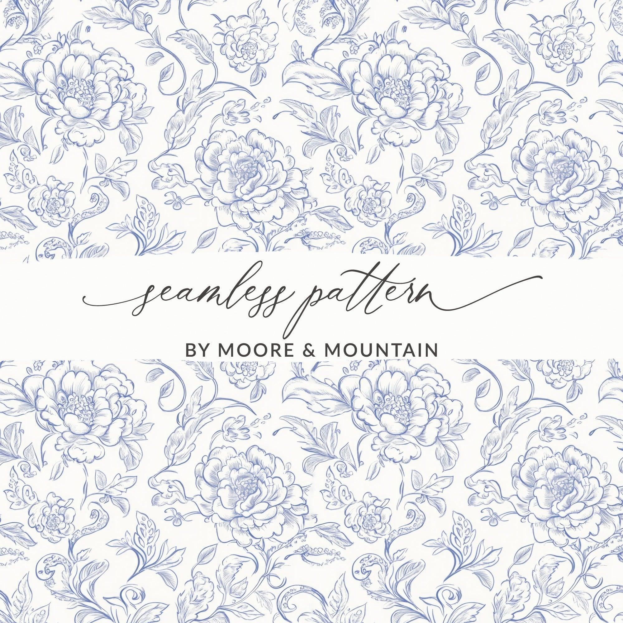 Blue Floral Digital Paper, Seamless Flower Pattern, Elegant Botanical Design, Scrapbook Paper, Printable Fabric Design, Repeat Pattern - Moore and Mountain