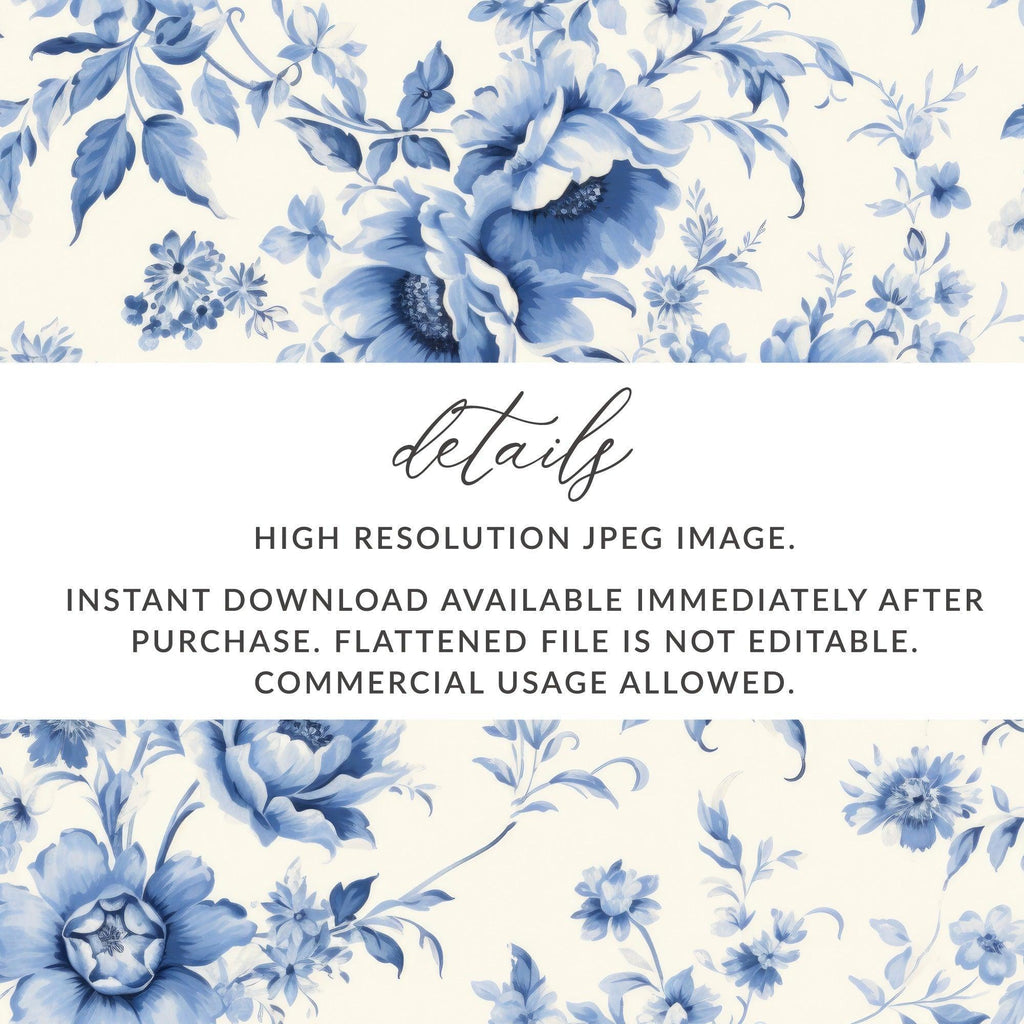 Blue Floral Digital Paper, Seamless Flower Pattern, Elegant Floral Design, Printable Fabric Pattern, Scrapbook Paper, 12x12 JPEG Digital - Moore and Mountain