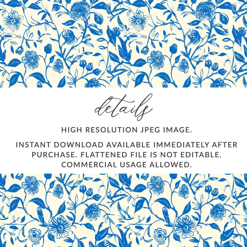 Blue Floral Digital Paper, Seamless Flower Pattern, Printable Fabric Design, Botanical Scrapbook Paper, Repeat Pattern Download - Moore and Mountain