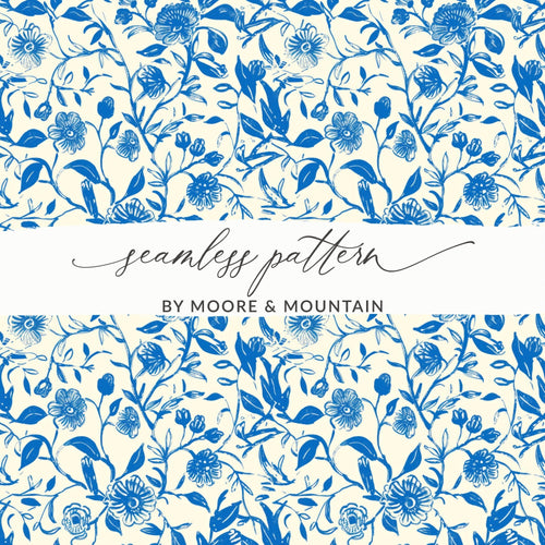 Blue Floral Digital Paper, Seamless Flower Pattern, Printable Fabric Design, Botanical Scrapbook Paper, Repeat Pattern Download - Moore and Mountain