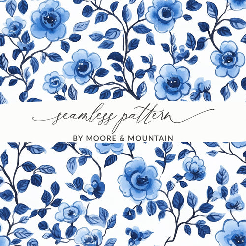 Blue Floral Digital Paper, Seamless Flower Pattern, Watercolor Texture, Fabric Design, Printable Paper, Scrapbook Paper, Digital Download - Moore and Mountain