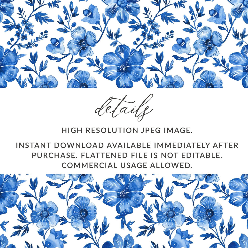 Blue Floral Digital Paper, Seamless Pattern, Flower Digital Background, Printable Fabric Pattern, Scrapbook Paper, Digital Download - Moore and Mountain