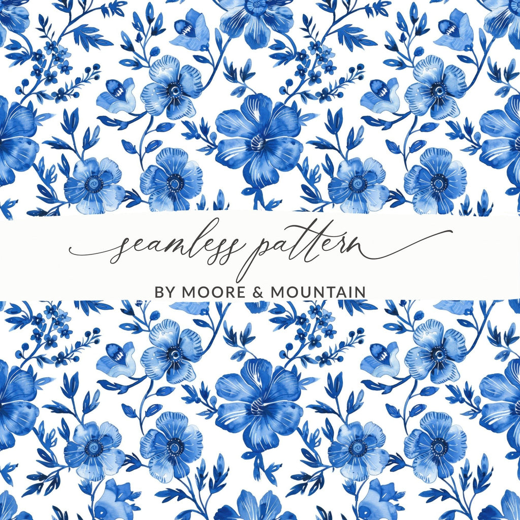 Blue Floral Digital Paper, Seamless Pattern, Flower Digital Background, Printable Fabric Pattern, Scrapbook Paper, Digital Download - Moore and Mountain