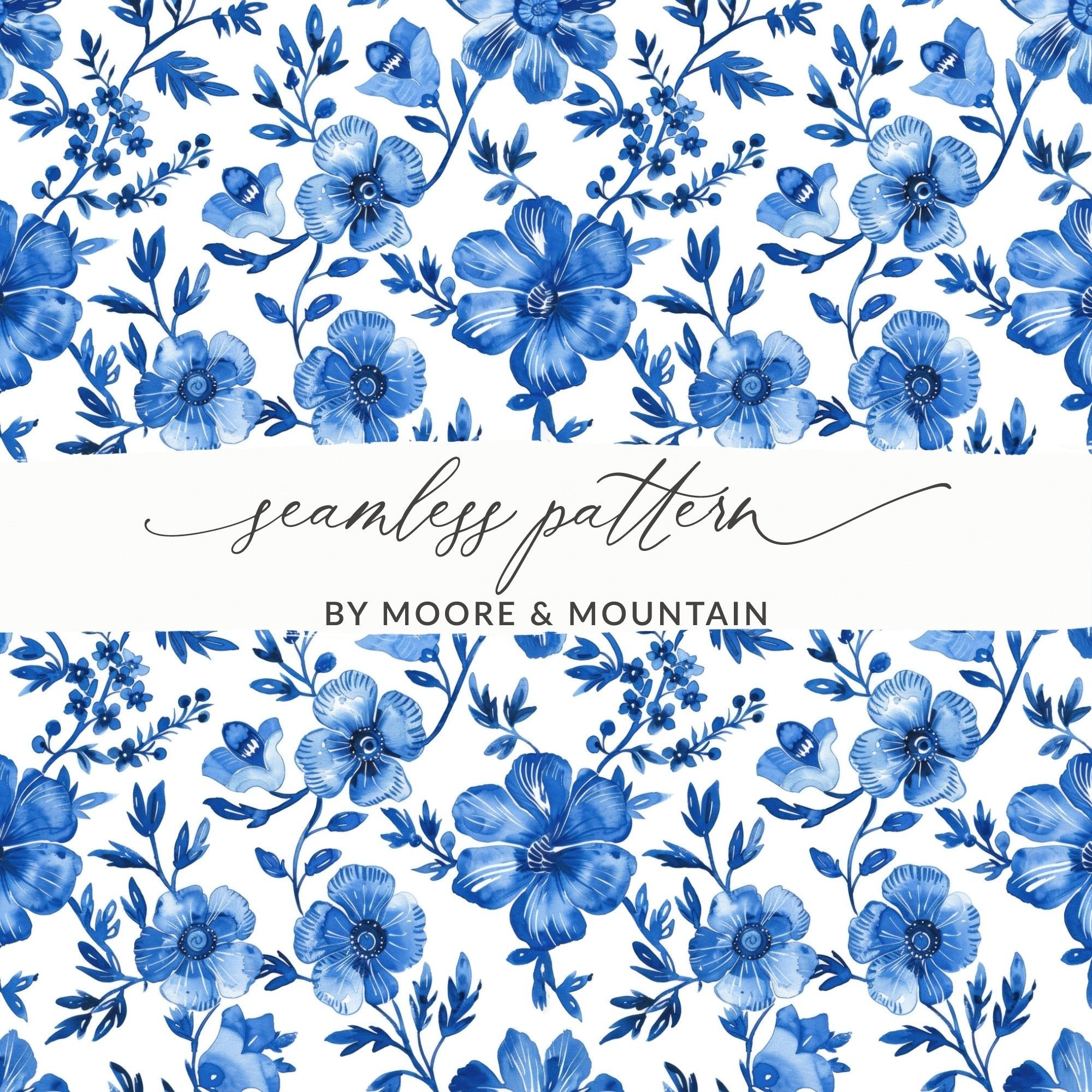 Blue Floral Digital Paper, Seamless Pattern, Flower Digital Background, Printable Fabric Pattern, Scrapbook Paper, Digital Download - Moore and Mountain