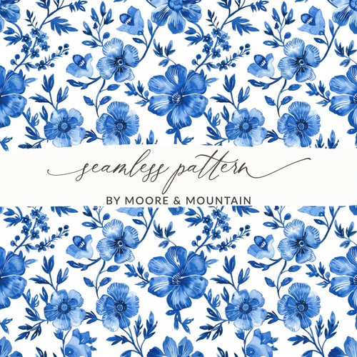 Blue Floral Digital Paper, Seamless Pattern, Flower Digital Background, Printable Fabric Pattern, Scrapbook Paper, Digital Download - Moore and Mountain