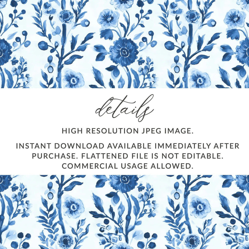 Blue Floral Digital Paper, Seamless Pattern, Watercolor Flowers, Scrapbook Paper, Fabric Design, Background, Printable Art, Digital Download - Moore and Mountain