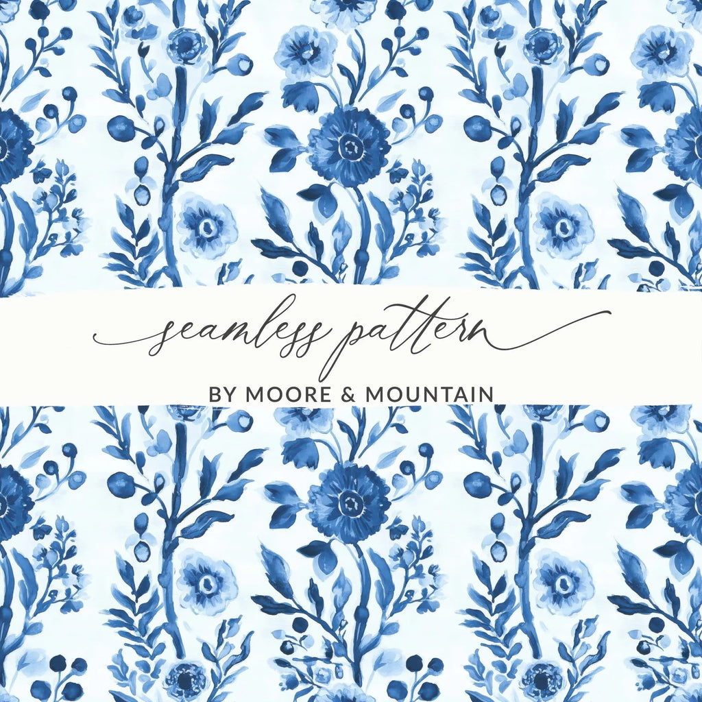 Blue Floral Digital Paper, Seamless Pattern, Watercolor Flowers, Scrapbook Paper, Fabric Design, Background, Printable Art, Digital Download - Moore and Mountain