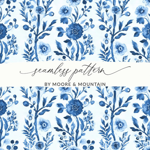 Blue Floral Digital Paper, Seamless Pattern, Watercolor Flowers, Scrapbook Paper, Fabric Design, Background, Printable Art, Digital Download - Moore and Mountain