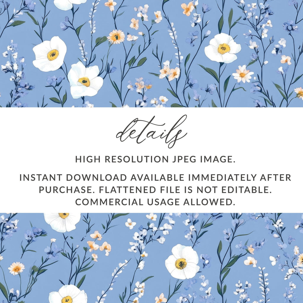 Blue Floral Digital Paper, Watercolor Floral Pattern, White Flower Seamless Pattern, Spring Flower Design, Light Blue Floral Design, Digital - Moore and Mountain