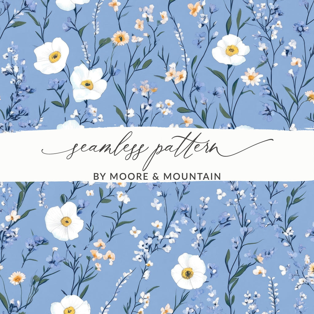 Blue Floral Digital Paper, Watercolor Floral Pattern, White Flower Seamless Pattern, Spring Flower Design, Light Blue Floral Design, Digital - Moore and Mountain