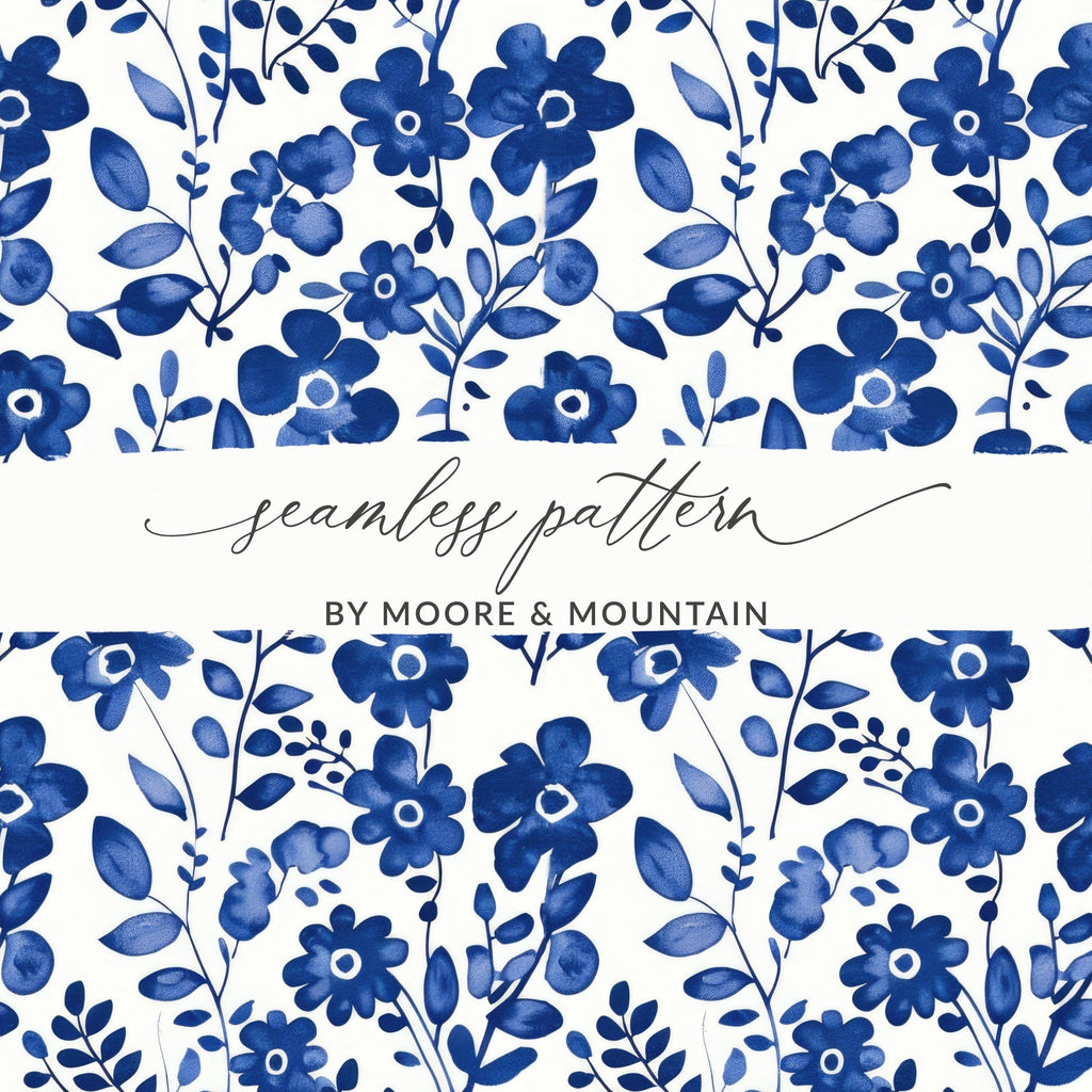 Blue Floral Pattern Digital Paper, Watercolor Flower Print, Seamless Background, Scrapbook Paper, Fabric Design, Printable Patterns - Moore and Mountain