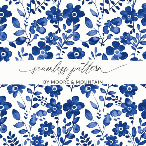 Blue Floral Pattern Digital Paper, Watercolor Flower Print, Seamless Background, Scrapbook Paper, Fabric Design, Printable Patterns - Moore and Mountain