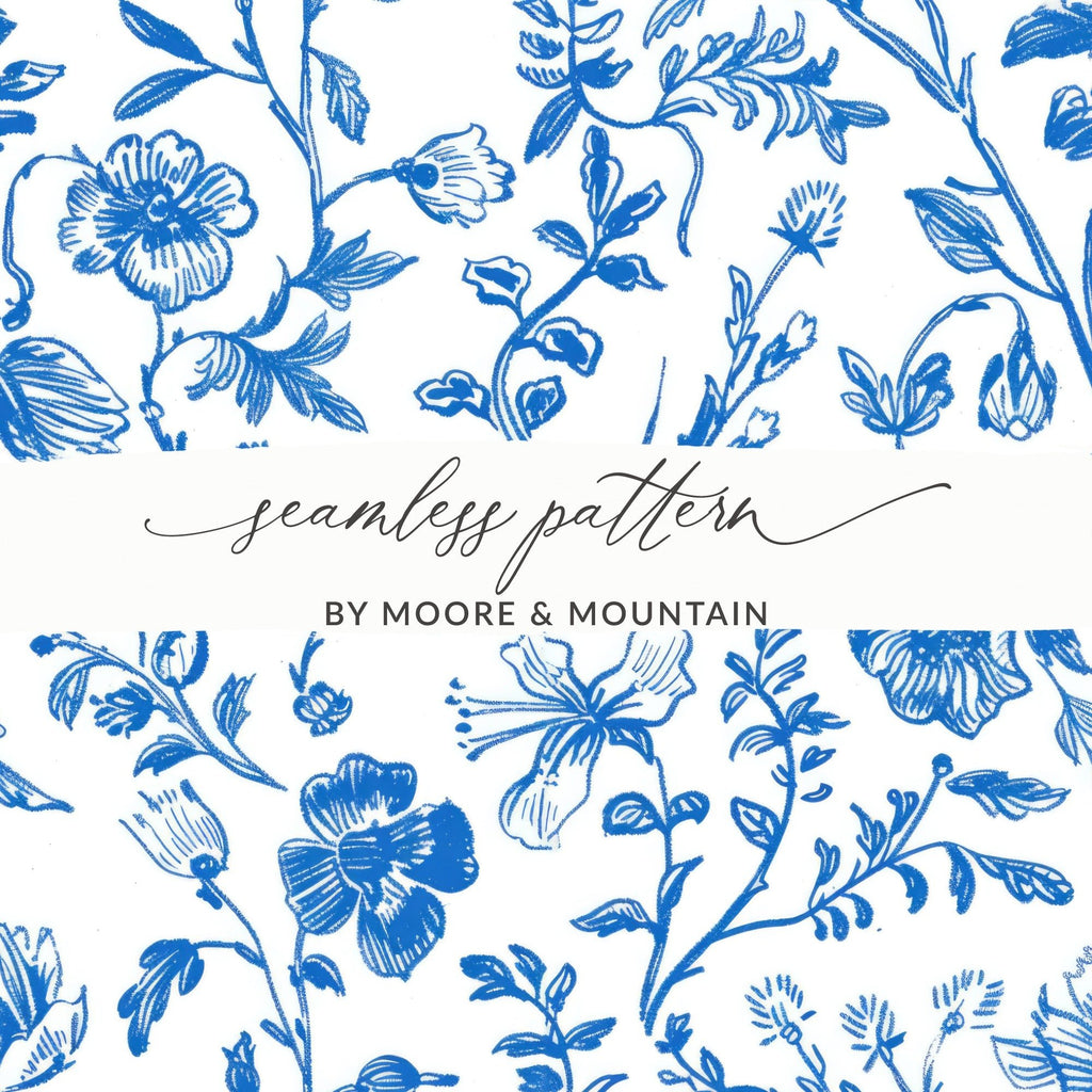 Blue Floral Seamless Digital Paper, Chinoiserie, Floral Digital Background, Tileable Flower Pattern, Cottagecore Digital Art, Floral Print - Moore and Mountain
