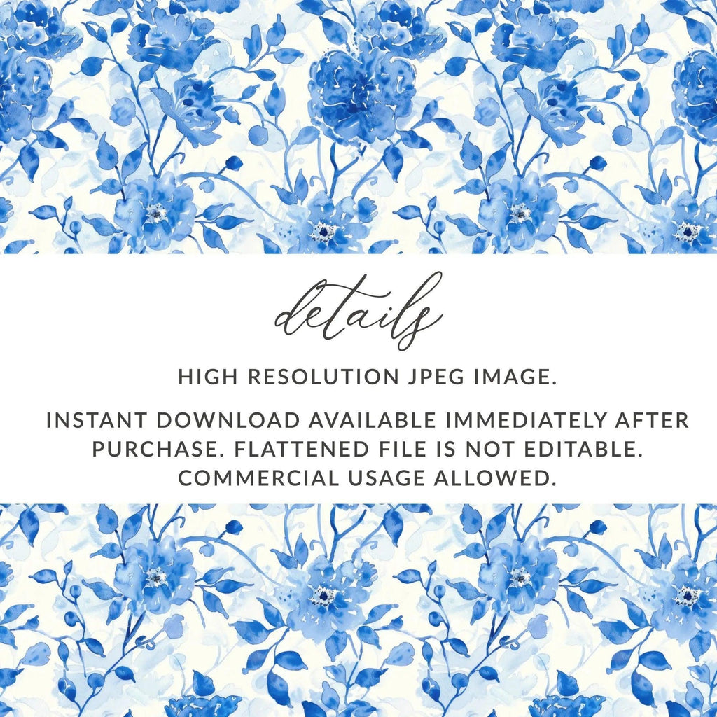 Blue Floral Seamless Digital Pattern, Chinoiserie Printable, Watercolor Flower Digital Paper, Repeating Tile Fabric Design, Floral Digital - Moore and Mountain