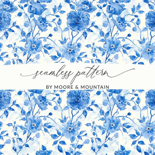 Blue Floral Seamless Digital Pattern, Chinoiserie Printable, Watercolor Flower Digital Paper, Repeating Tile Fabric Design, Floral Digital - Moore and Mountain