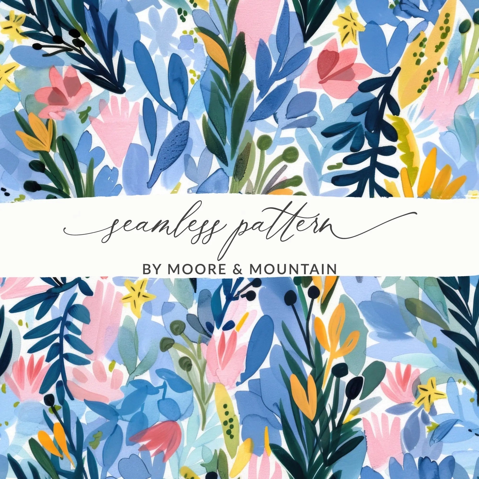 Blue Floral Seamless Pattern, Digital Paper Pack, Watercolor Flower Background, Fabric Design, Scrapbooking, Printable Art, JPEG Digital - Moore and Mountain