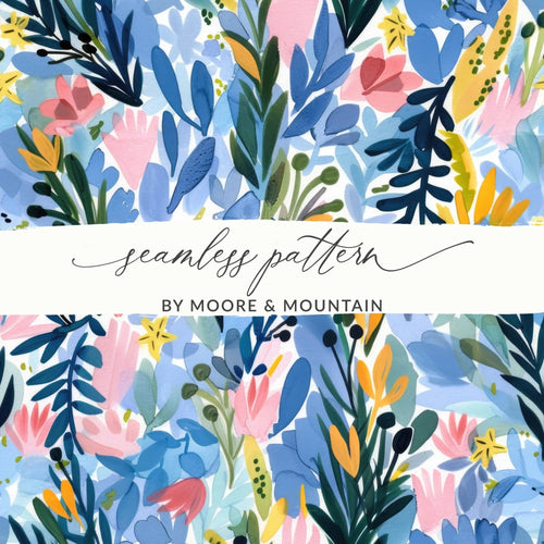 Blue Floral Seamless Pattern, Digital Paper Pack, Watercolor Flower Background, Fabric Design, Scrapbooking, Printable Art, JPEG Digital - Moore and Mountain