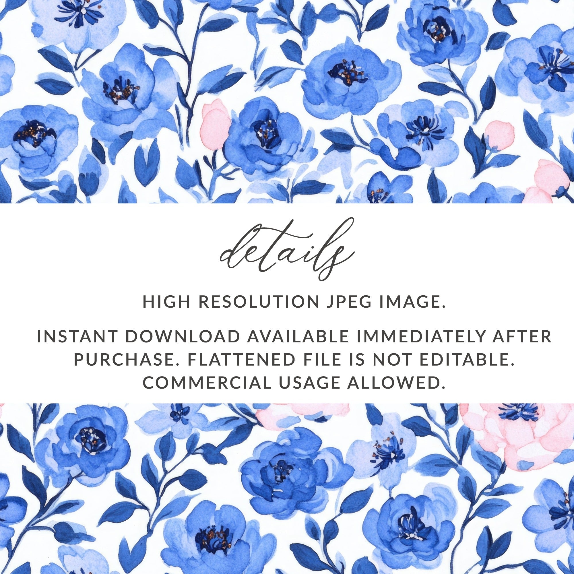 Blue Floral Seamless Pattern Digital Paper, Watercolor Flower Digital, Floral Background, Spring Fabric Design, Blue Flower Pattern - Moore and Mountain