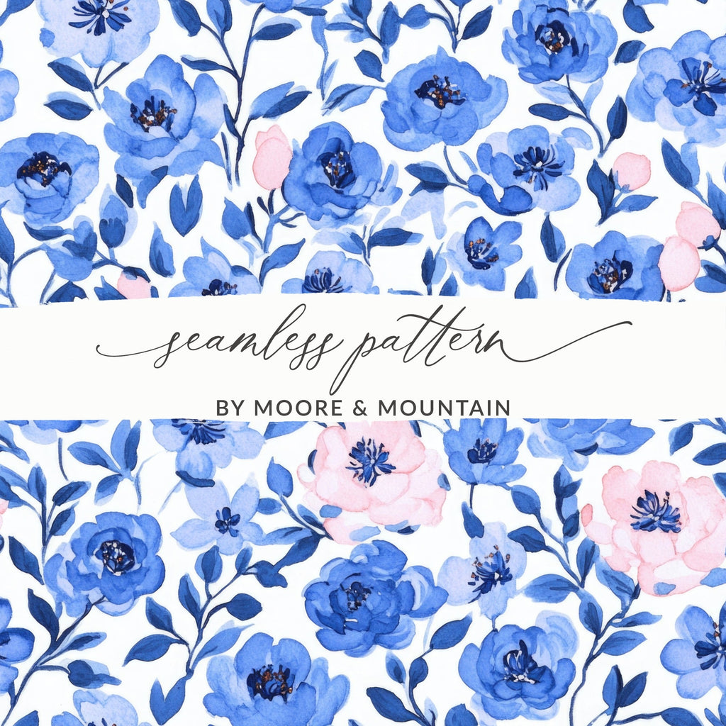 Blue Floral Seamless Pattern Digital Paper, Watercolor Flower Digital, Floral Background, Spring Fabric Design, Blue Flower Pattern - Moore and Mountain