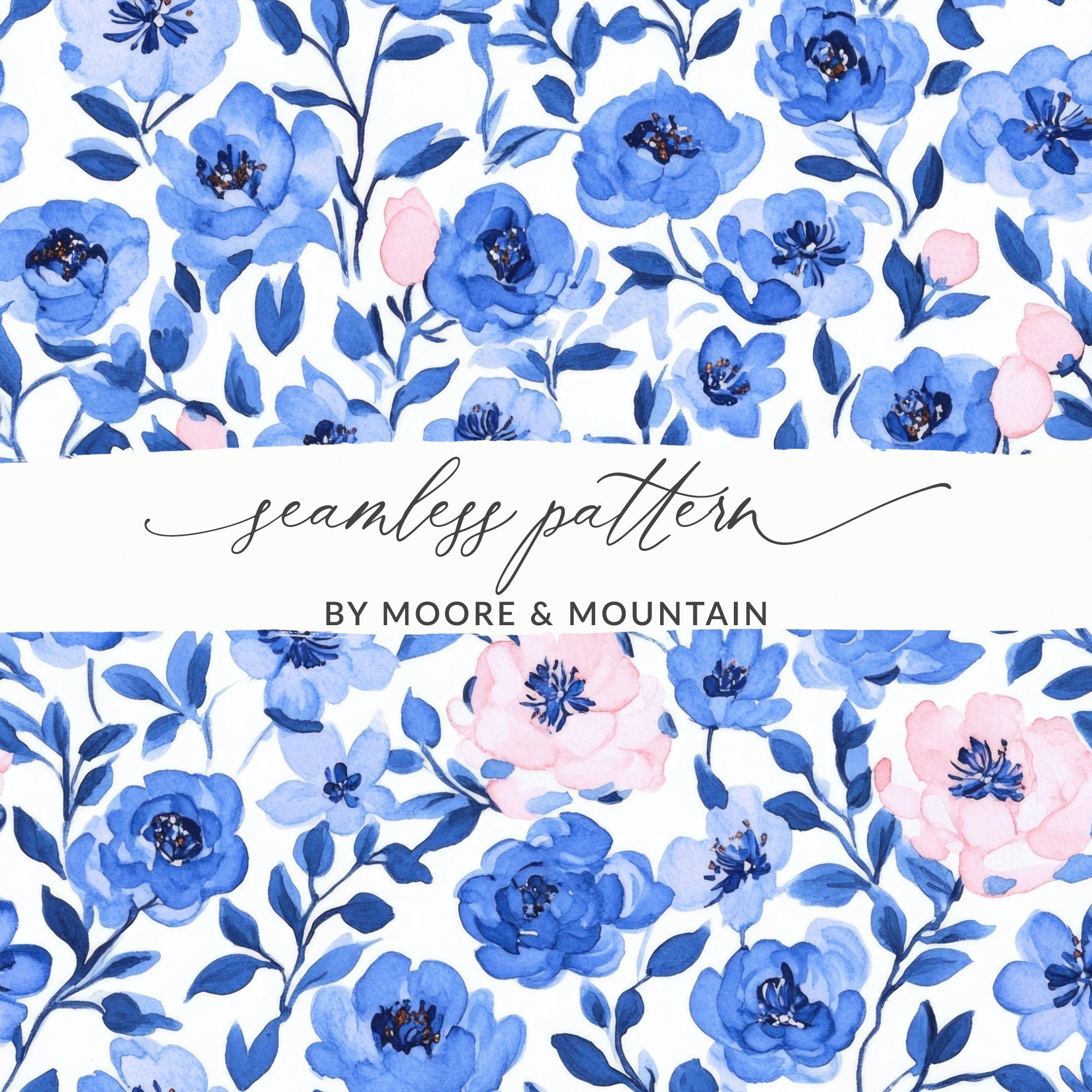 Blue Floral Seamless Pattern Digital Paper, Watercolor Flower Digital, Floral Background, Spring Fabric Design, Blue Flower Pattern - Moore and Mountain