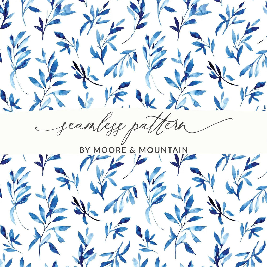 Blue Leaves Digital Paper, Watercolor Floral Pattern, Seamless Pattern for Fabric, Scrapbooking Digital Backgrounds, Digital Art - Moore and Mountain