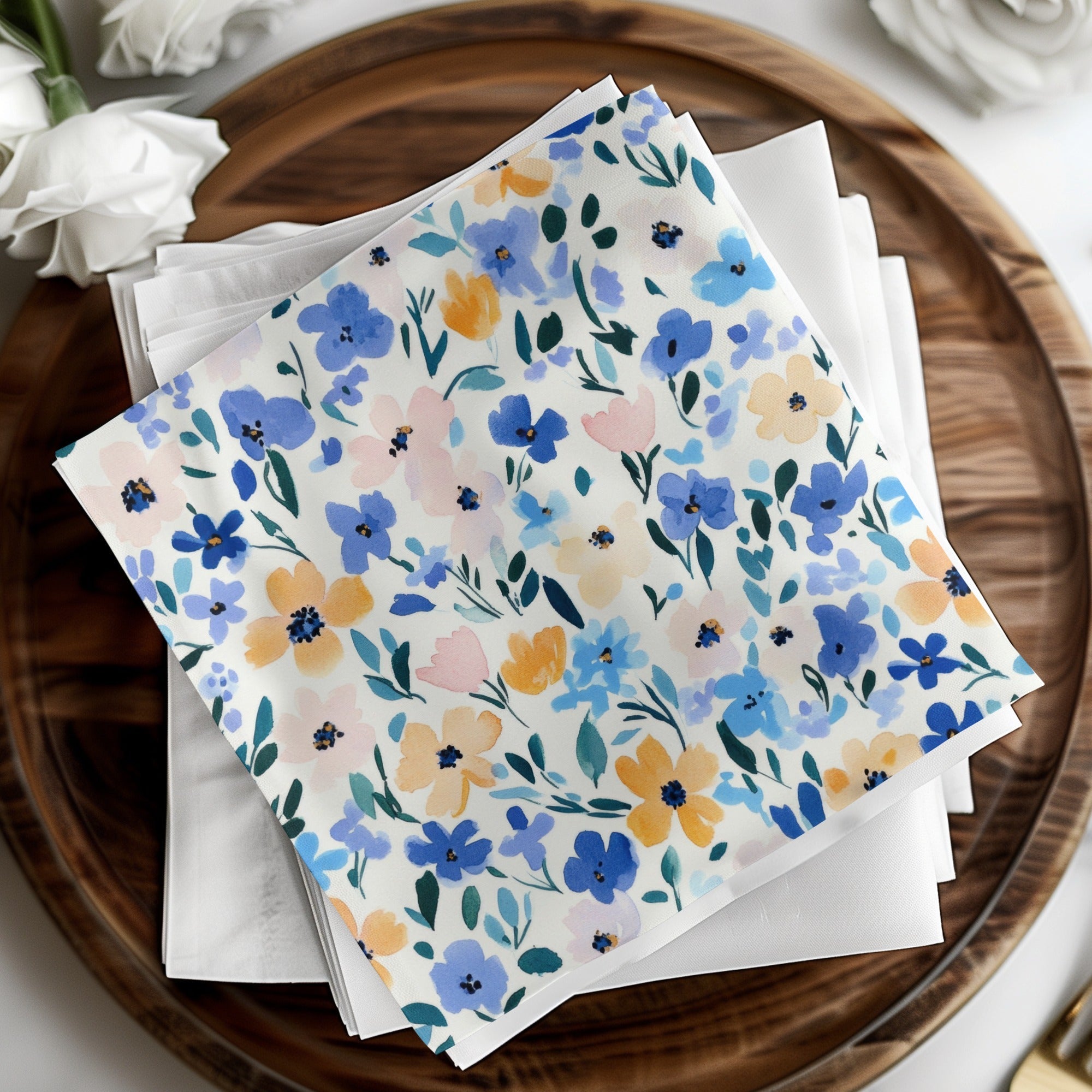 Blue Modern Ditsy Watercolor Floral Pattern in Pastel Blue Gold Download - Moore and Mountain