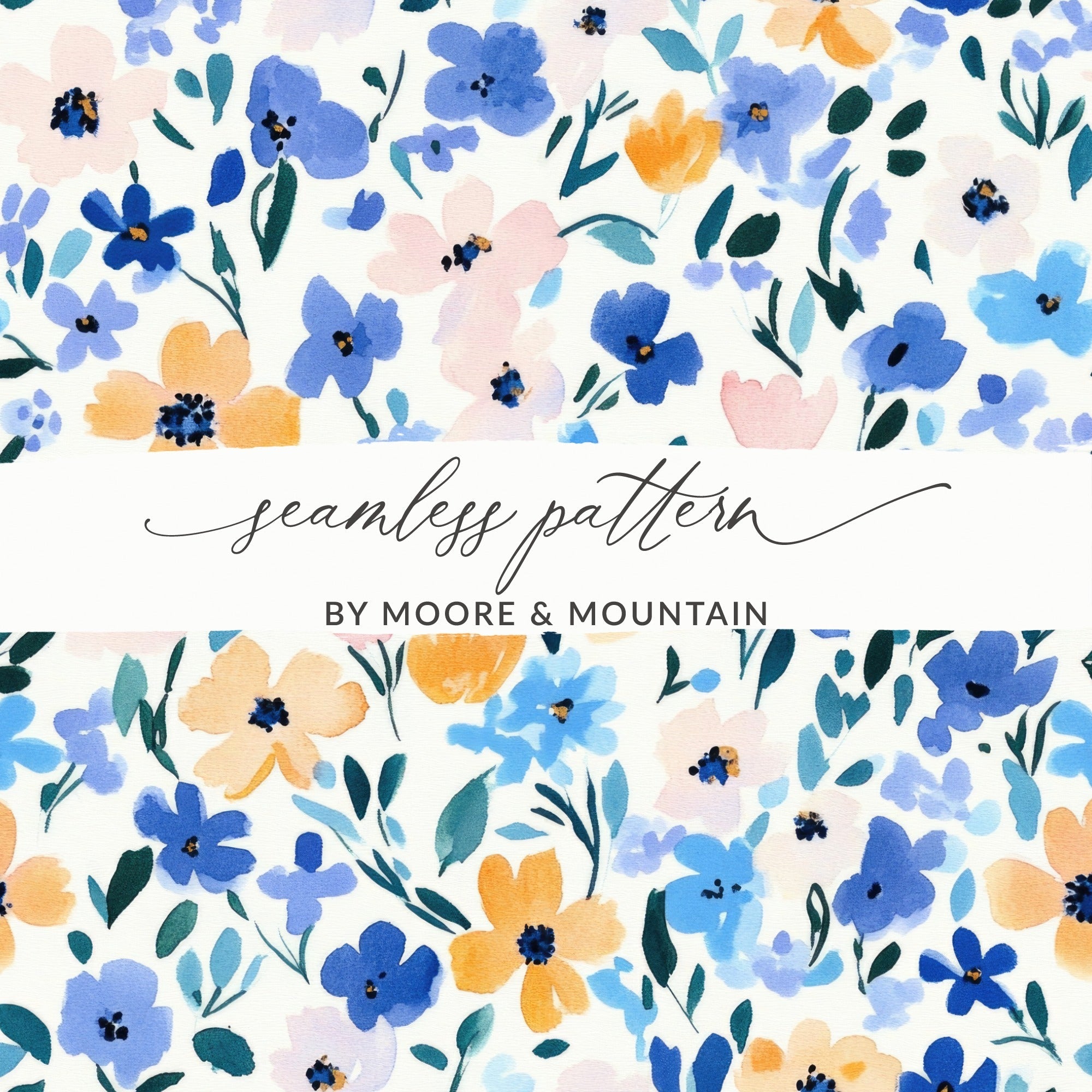 Blue Modern Ditsy Watercolor Floral Pattern in Pastel Blue Gold Download - Moore and Mountain